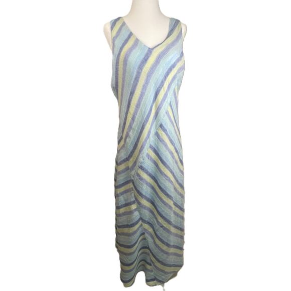 J Jill Love Linen Petite M Striped Linen Maxi Dress Summer Coastal Casual Lined - Picture 1 of 14